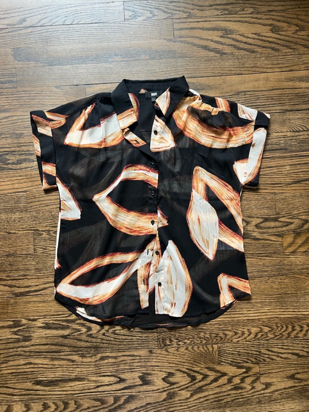 DKNY Black Button-Up Blouse with Cream & Brown Abstract Strokes